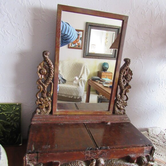 Antique Wood Vanity Mirror and Box - Picture 2 of 8